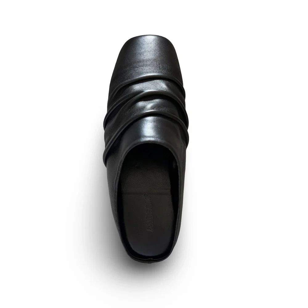 Black Faux Leather Ruched Square Toe Mules Mens Sz 8.5 Flat Slip On Slides